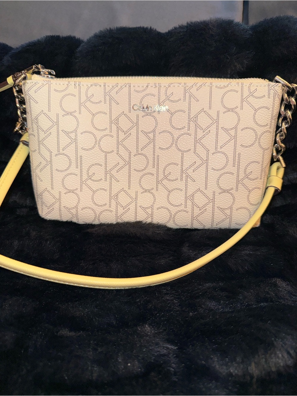 Calvin Klein Beige Monogram Crossbody with Yellow Strap